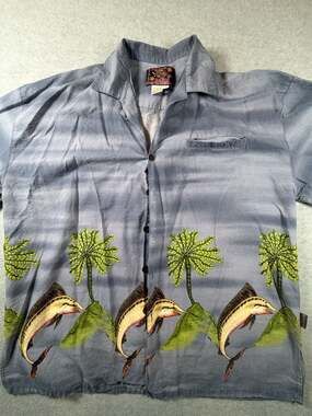 Basix Original Hawaiian Short Sleeve Button w/Marlin & Palm Tree Print Size XL